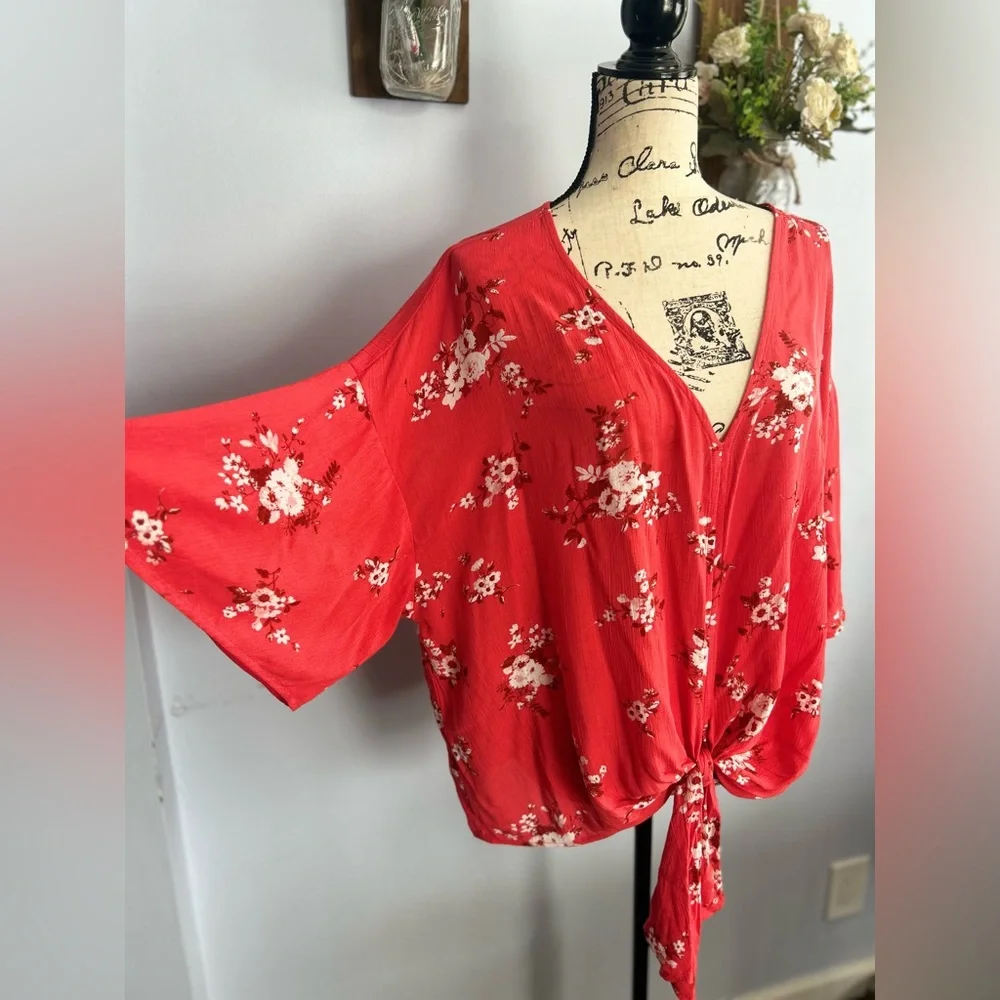 Mauby Floral print knotted blouse bohemian festival hippie relaxed‎ fit - Picture 3 of 11